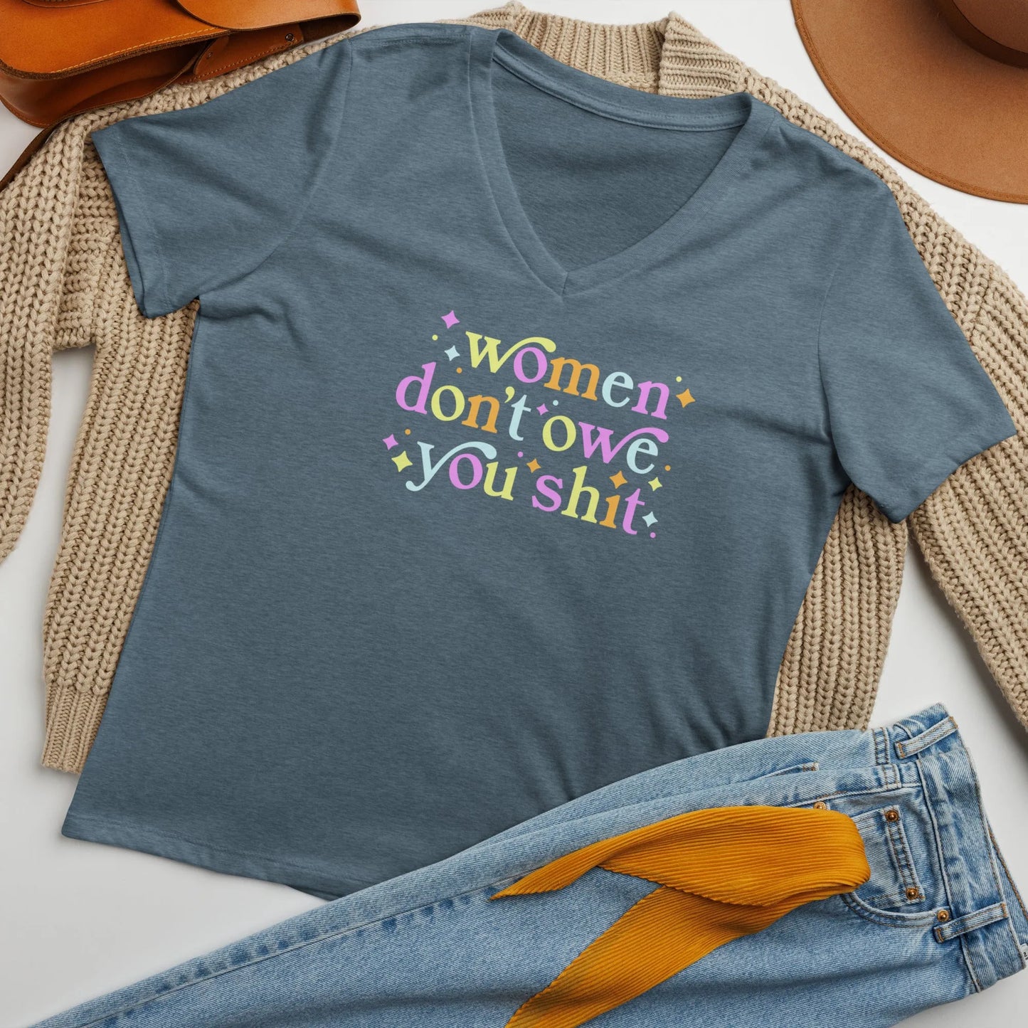 Women Don’t Owe You Shit V-neck T-shirt, Feminist, Anne Lesniak, Rebel Girl Rampage