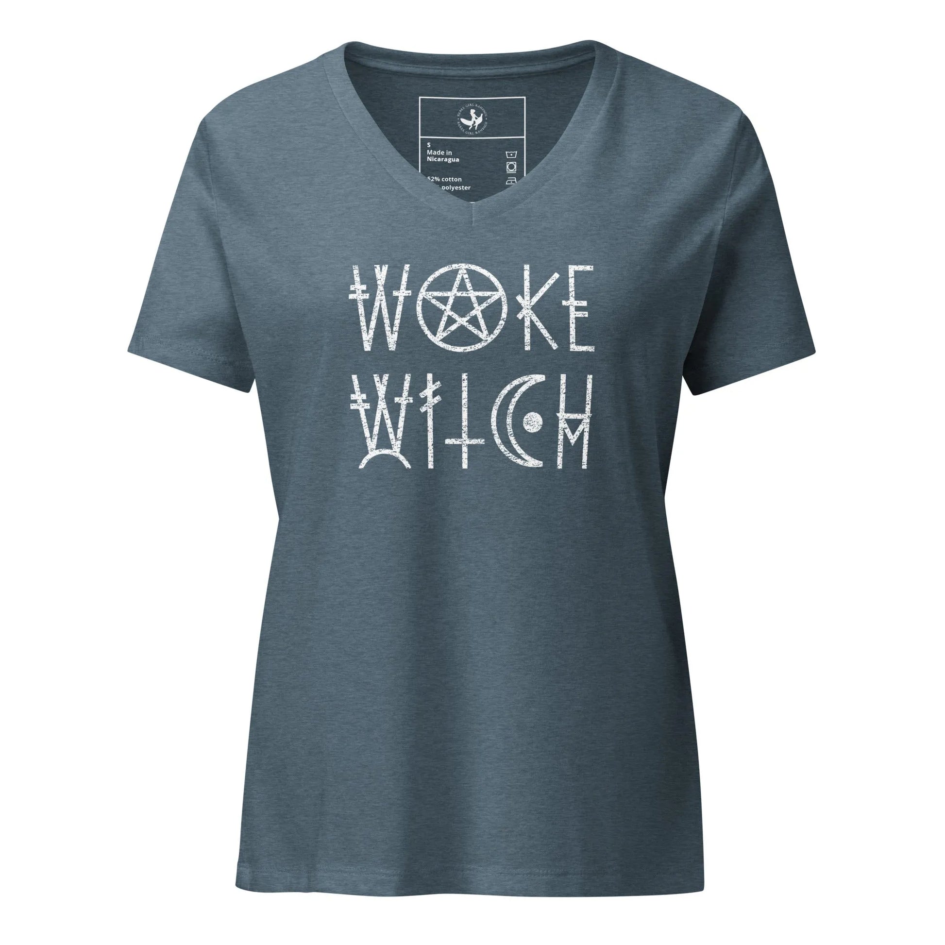 Woke Witch Women’s Tri-blend V-neck T-shirt, Graphic of a pentagram and other witchy symbols on a heather slate t-shirt that says “woke witch”, Halloween, feminist art, Rebel Girl Rampage