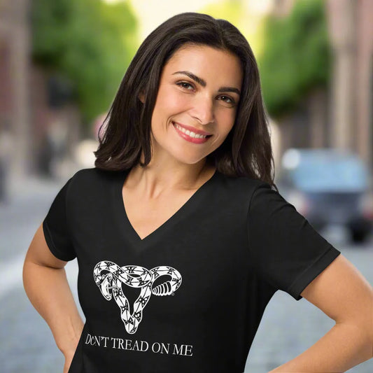 Don’t Tread On Me Gadsden Uterus Women’s V-Neck t-shirt, Feminist reproductive rights, Anne Lesniak, Rebel Girl Rampage