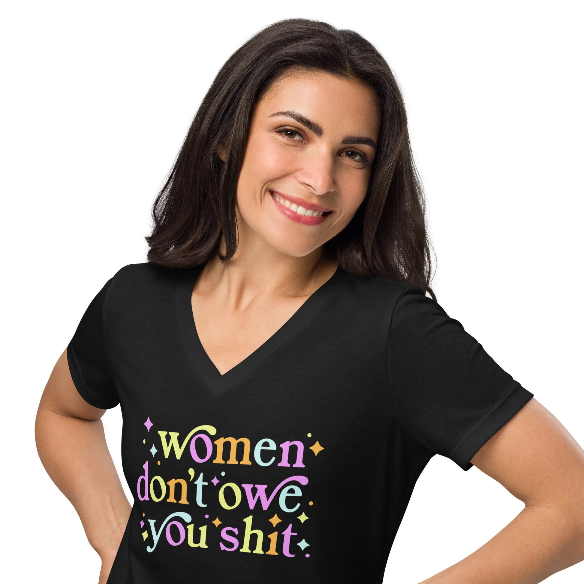 Women Don’t Owe You Shit V-neck T-shirt, Feminist, Anne Lesniak, Rebel Girl Rampage