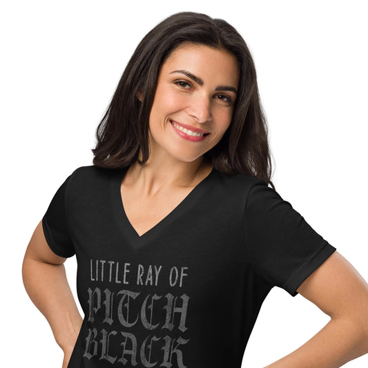 Little Ray of Pitch Black letter graphic on a black v-neck t shirt, moody, witchy, spooky season, funny, little ray of sunshine, Rebel Girl Rampage