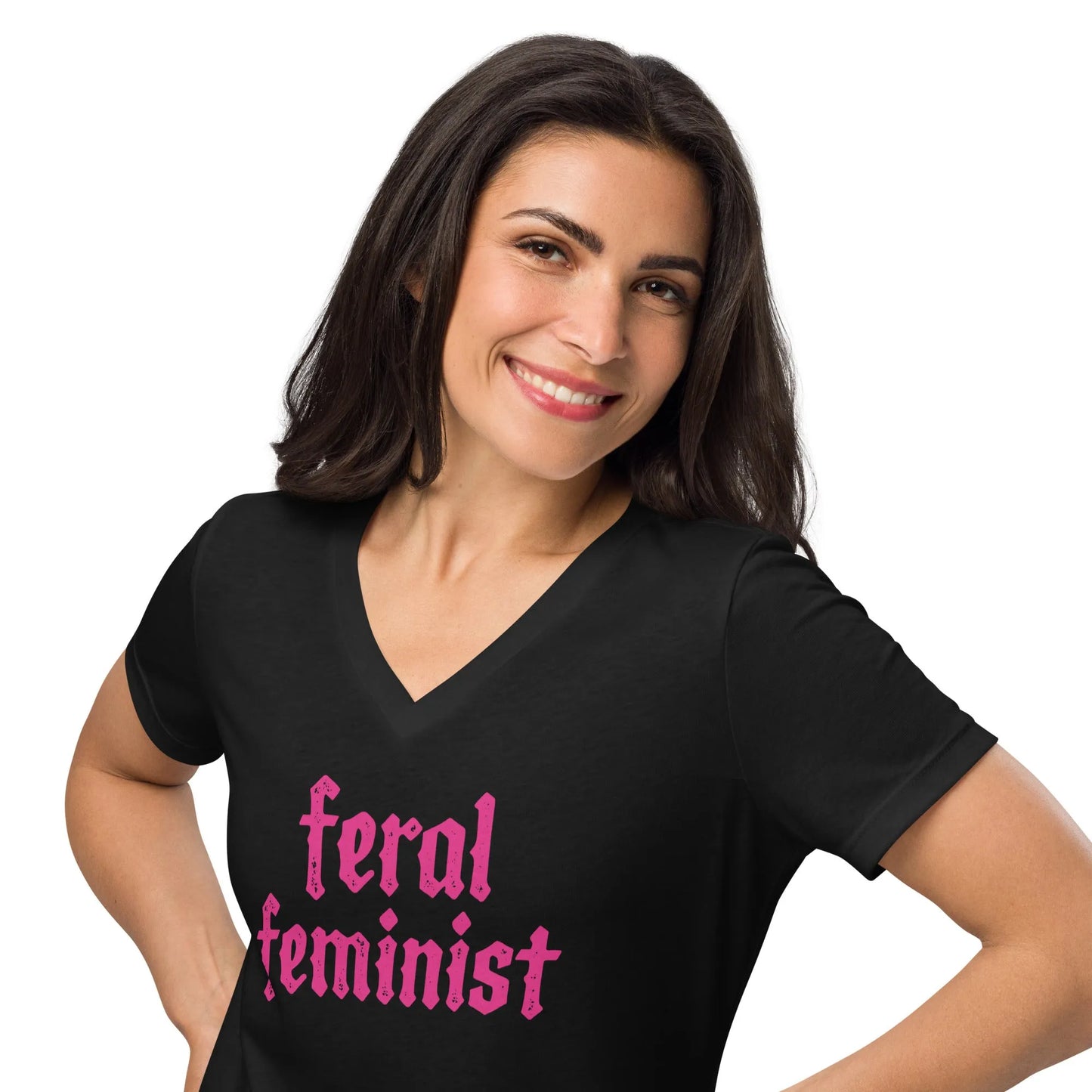 Feral Feminist pink letter graphic black v neck t shirt on a smiling woman, Rebel Girl Rampage