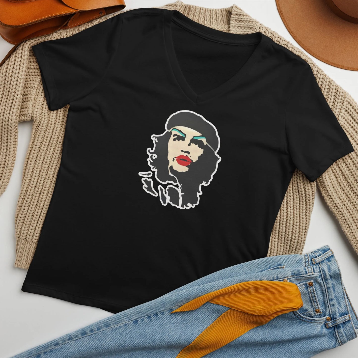 Revolution Slay Women’s V-Neck T-Shirt, Che Guevara, Graffiti Art, Stencil Artwork, Andy Warhol Inspired, Rebel Girl Rampage