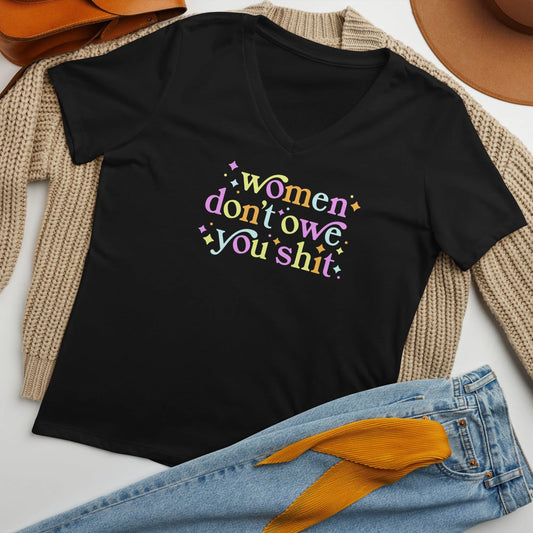 Women DOn’t Owe You Shit V-neck T-shirt, Feminist, Anne Lesniak, Rebel Girl Rampage