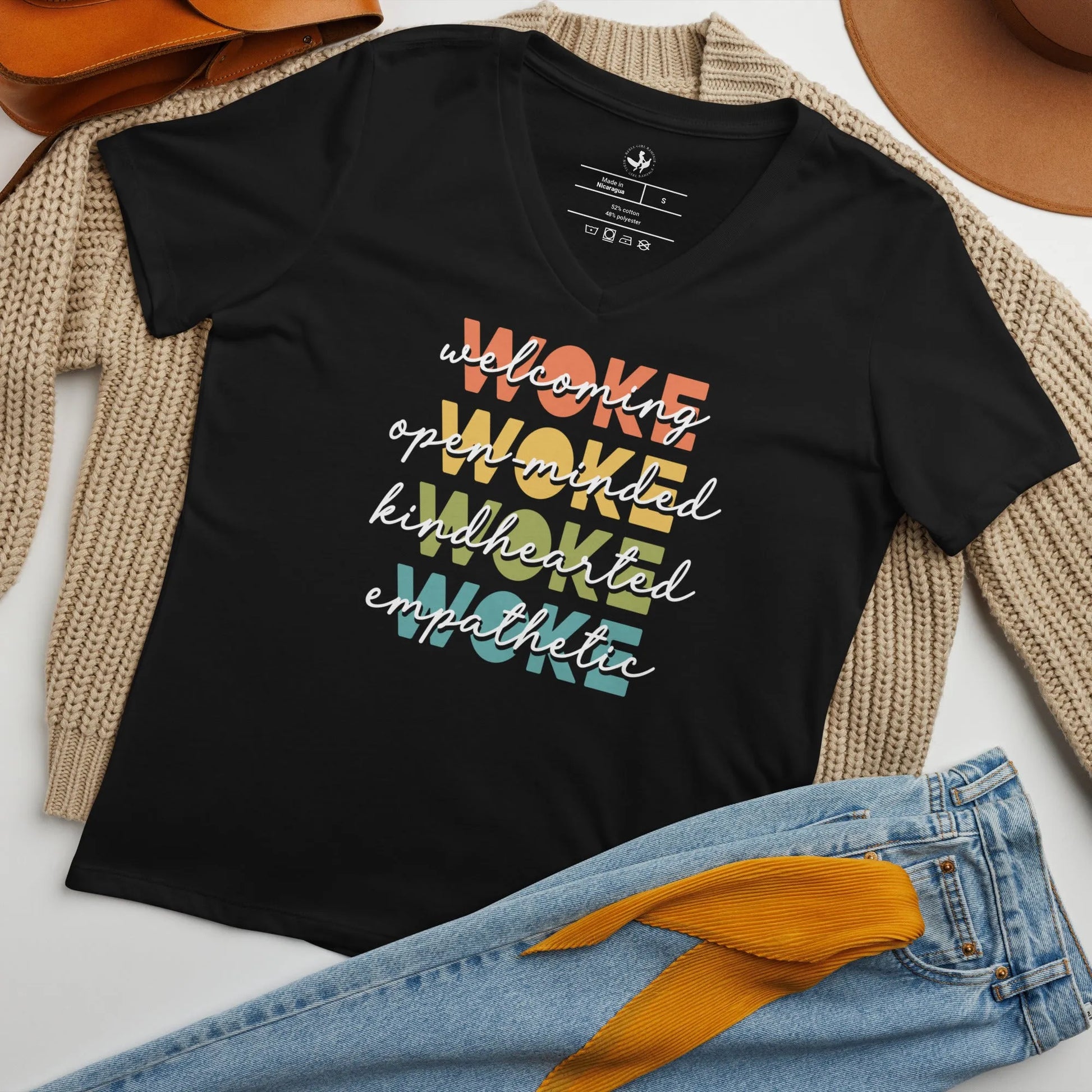 WOKE Acronym Rainbow women’s relaxed fit v neck t-shirt, Anne Lesniak, Pride, LGBTQ, Rebel Girl Rampage 