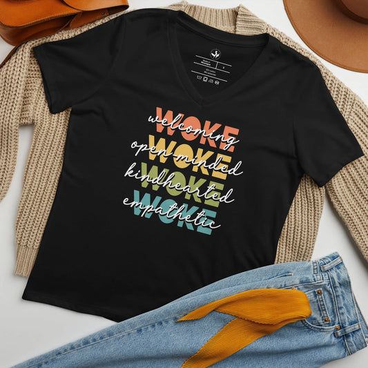 WOKE Acronym Rainbow women’s relaxed fit v neck t-shirt, Anne Lesniak, Pride, LGBTQ, Rebel Girl Rampage 