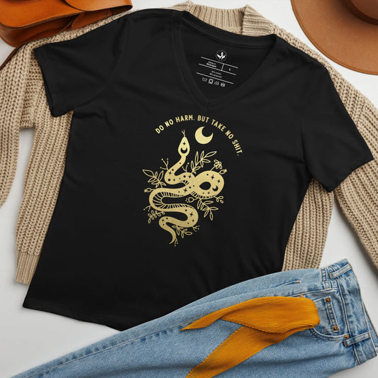 Do No Harm Women’s Relaxed Fit V-Neck T-shirt, Witchy feminist Snake Graphic Art, Rebel Girl Rampage 