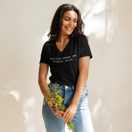 Bullies Make Me F*ckin Sick Women’s Relaxed Fit V-Neck T-Shirt, Fundraiser Trans Lifeline, LGBTQ Pride, Pedro Pascal Quote, Rebel Girl Rampage 