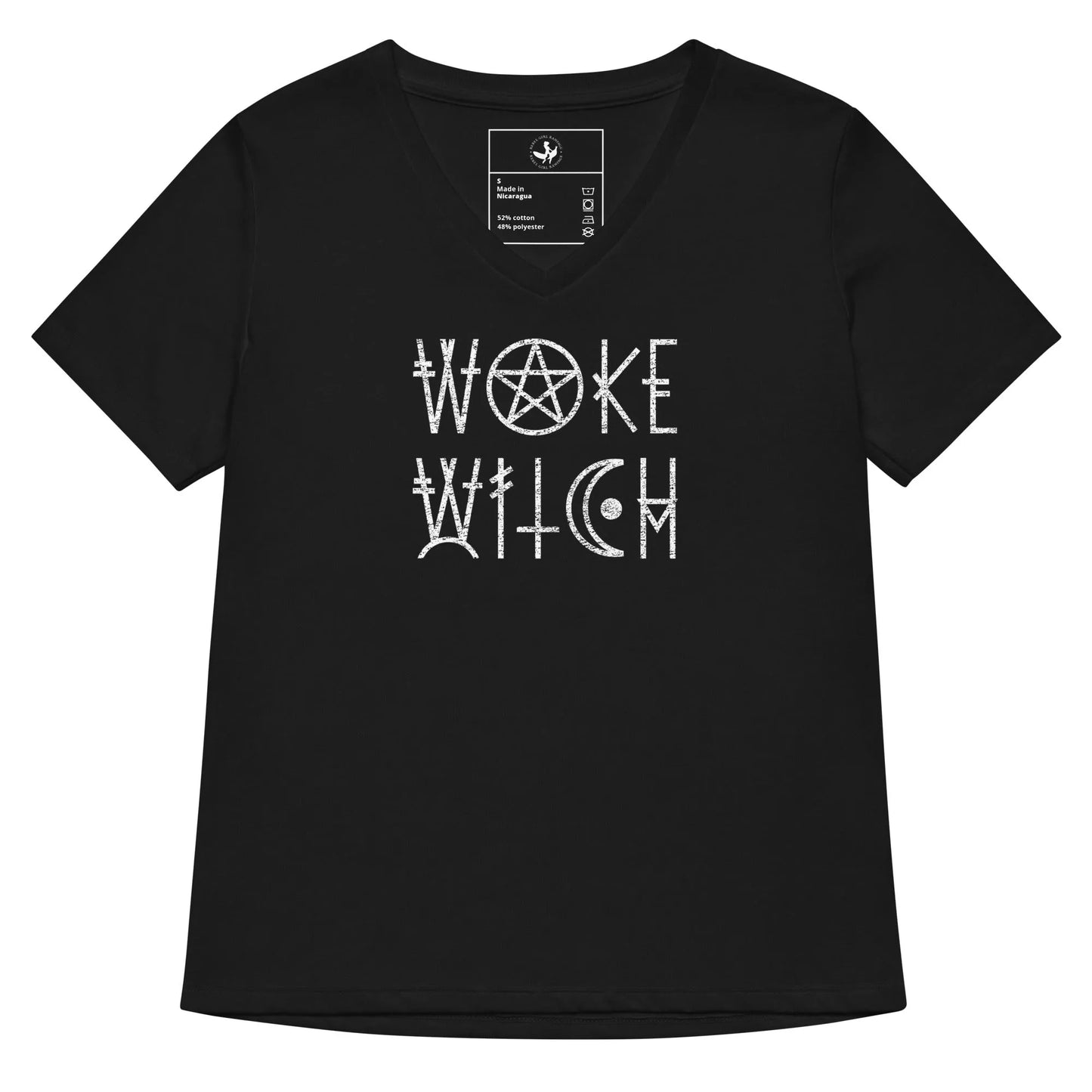 Woke Witch Women’s Tri-blend V-neck T-shirt, Graphic of a pentagram and other witchy symbols on a black t-shirt that says “woke witch”, Halloween, feminist art, Rebel Girl Rampage