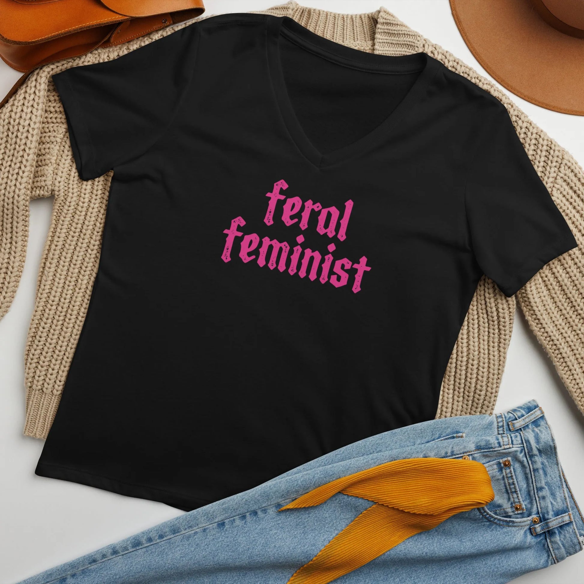 Feral Feminist pink letter graphic black v neck t shirt with accessories, Rebel Girl Rampage