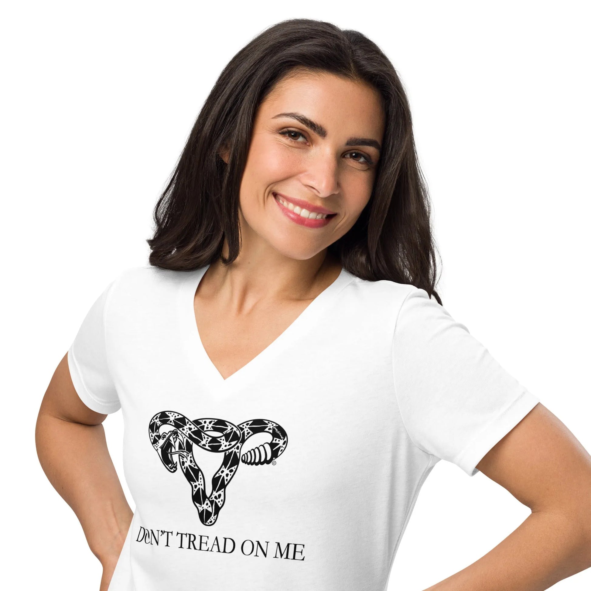 Don’t Tread On Me Gadsden Uterus Women’s V-Neck t-shirt, Feminist reproductive rights, Anne Lesniak, Rebel Girl Rampage