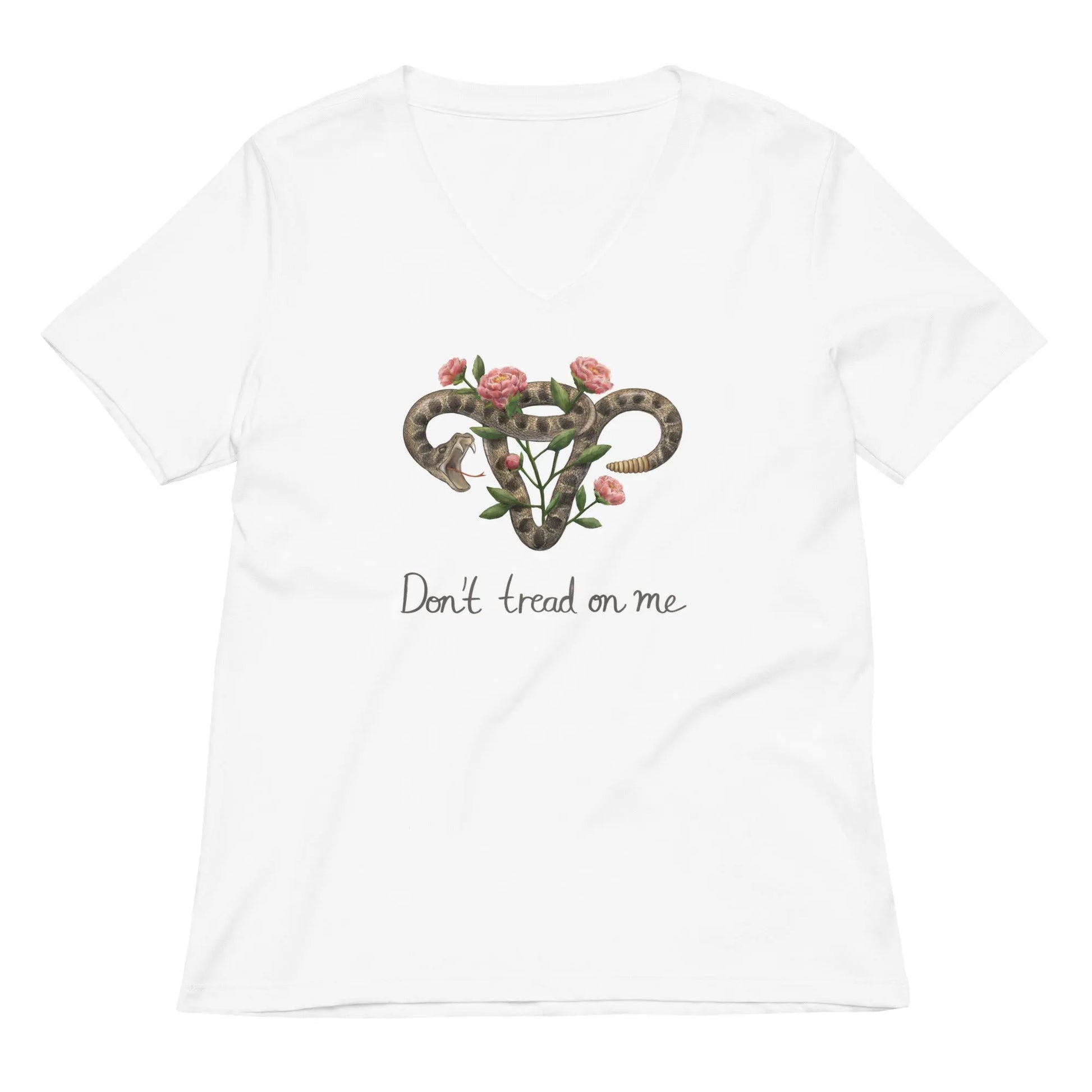 Don’t Tread On Me Uterus with Flowers women’s v-neck t-shirt, rattlesnakes and roses, feminist pro choice, Abortion rights,  my body my choice, Rebel Girl Rampage  