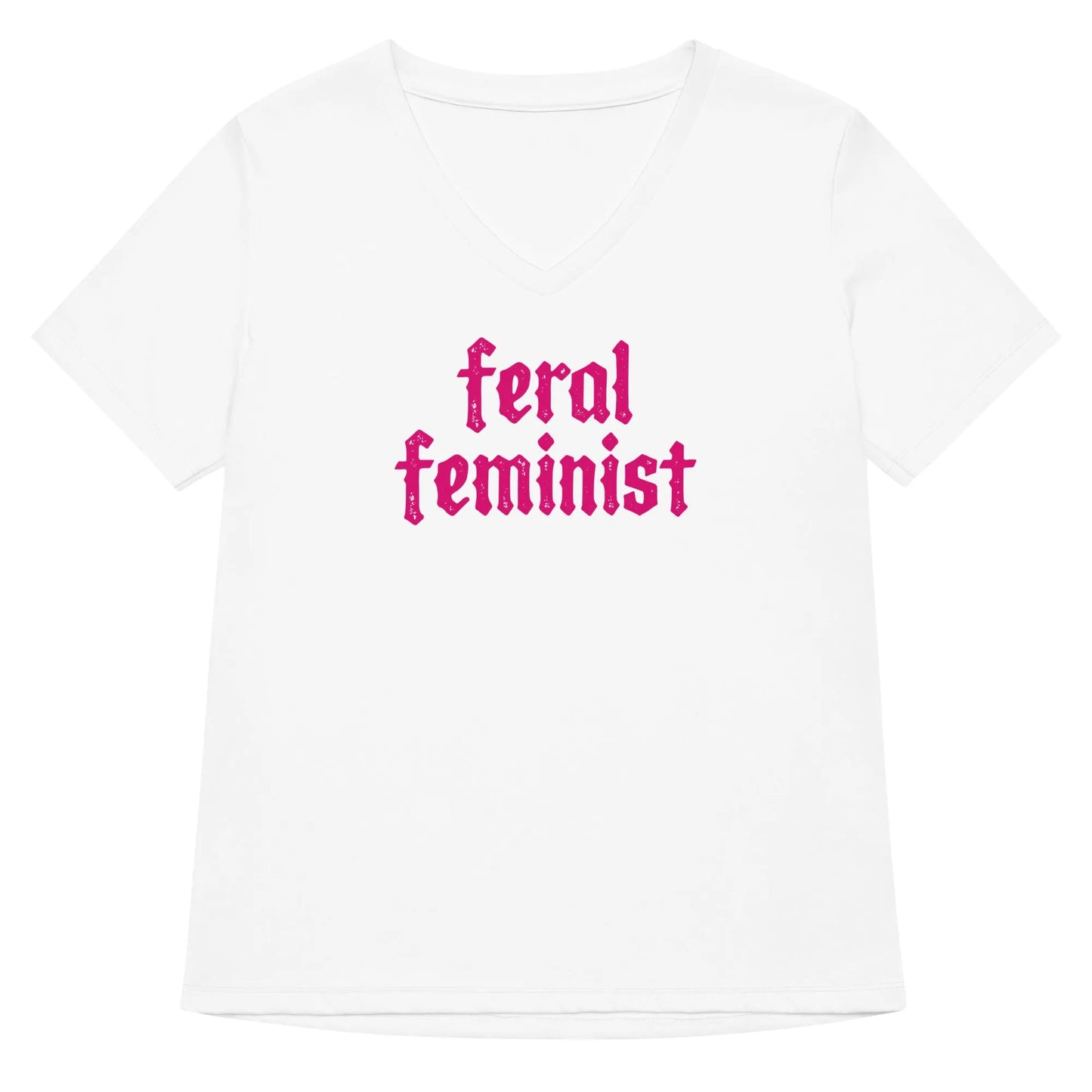 Feral Feminist pink letter graphic white v neck t shirt, Rebel Girl Rampage