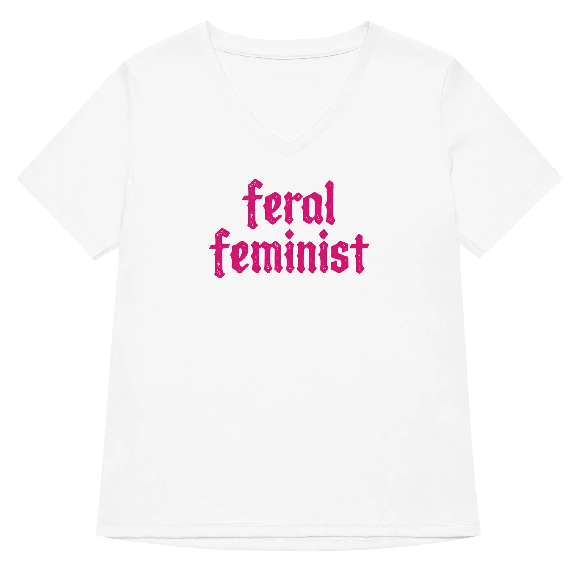 Feral Feminist pink letter graphic white v neck t shirt, Rebel Girl Rampage